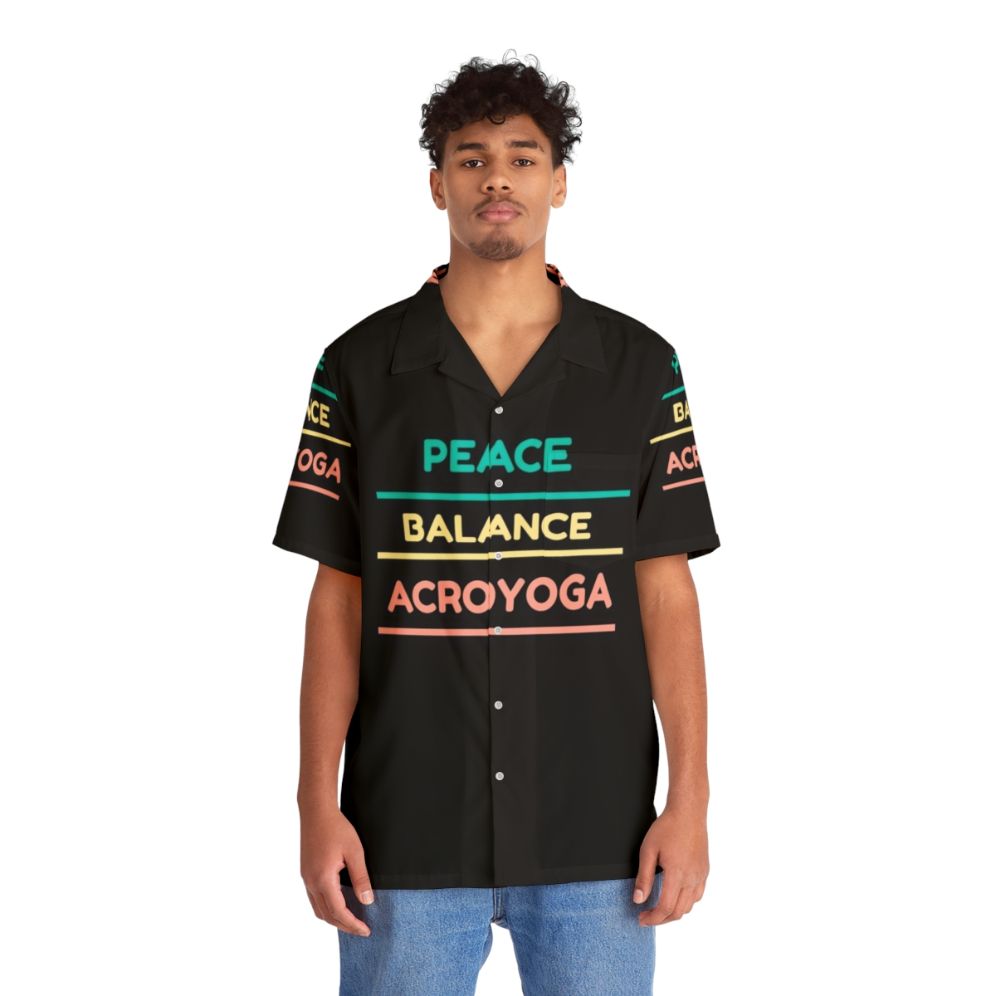 Vibrant acroyoga Hawaiian shirt with yoga and acrobatic graphics - People Front