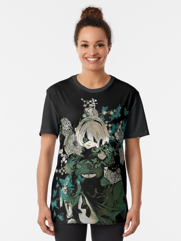 A graphic t-shirt design featuring butterflies and a fantasy garden, inspired by the Nier Automata video game series. - Women