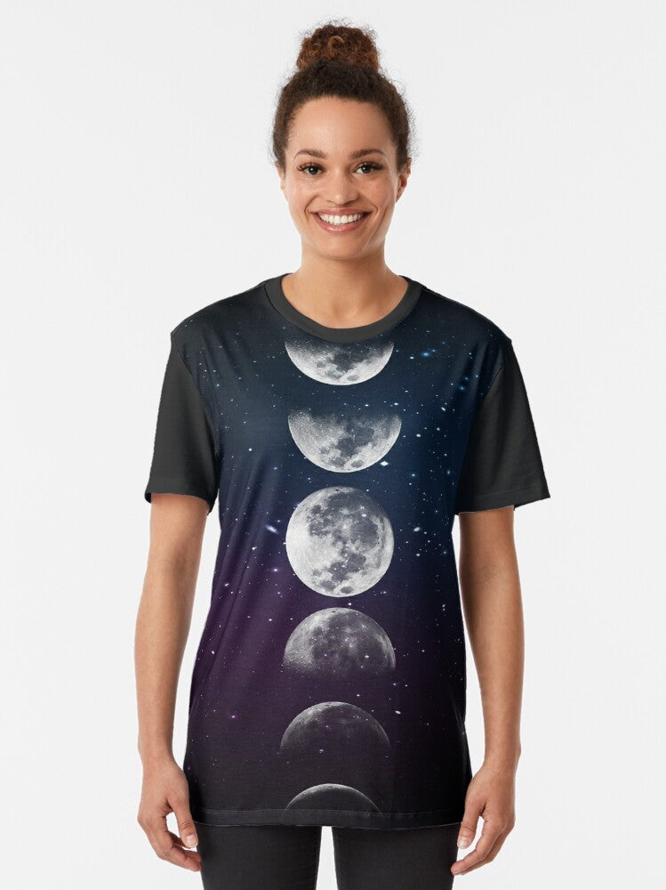 Phases of the Moon Graphic T-Shirt - Lunar Universe Design featuring the different moon phases against a starry night sky background. - Women