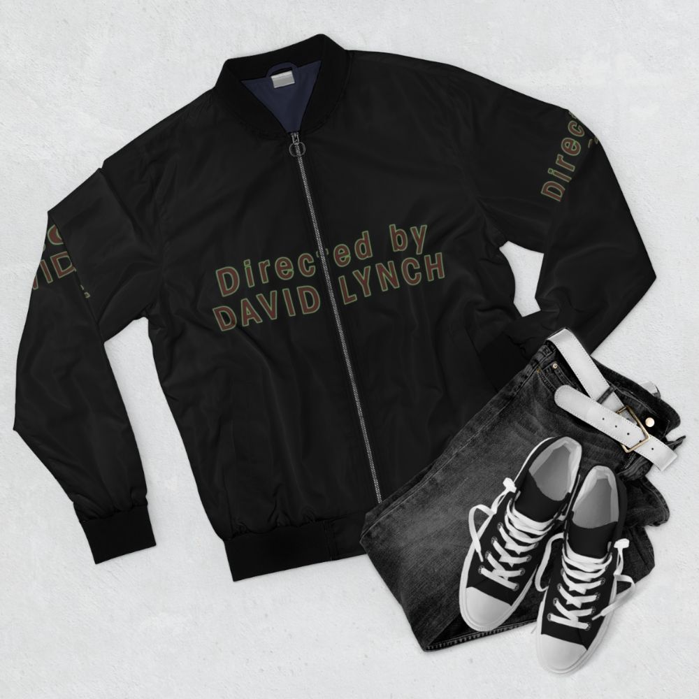 David Lynch inspired surreal bomber jacket with abstract graphics - Flat lay