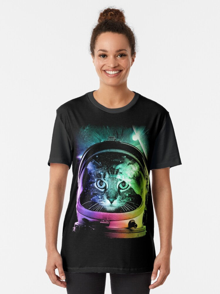 Cute and funny astronaut cat graphic design on a t-shirt. Featuring a space kitten in a spacesuit exploring the galaxy. - Women