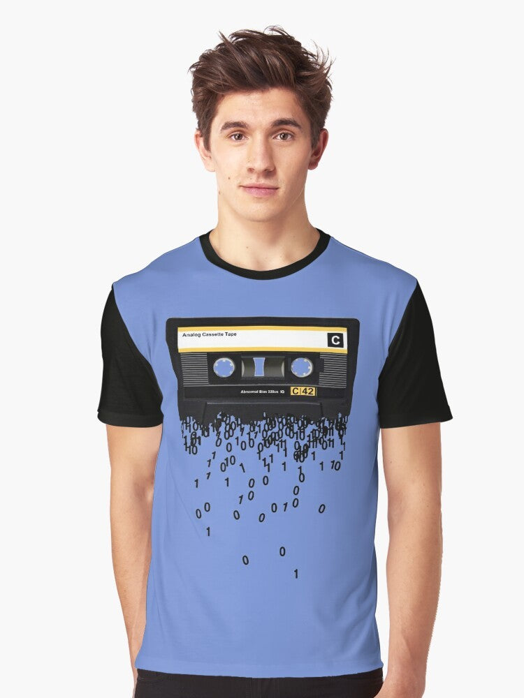 Vintage graphic t-shirt depicting the death of the cassette tape, featuring a retro cassette player and the text "The death of the cassette tape." - Men