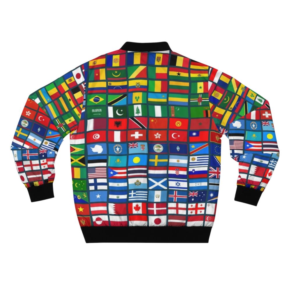 Bomber jacket featuring flags of the world, perfect for geography students and enthusiasts. - Back