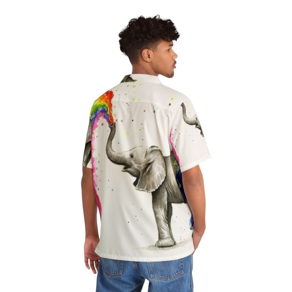 Baby elephant spraying rainbow watercolor on Hawaiian shirt - People Back