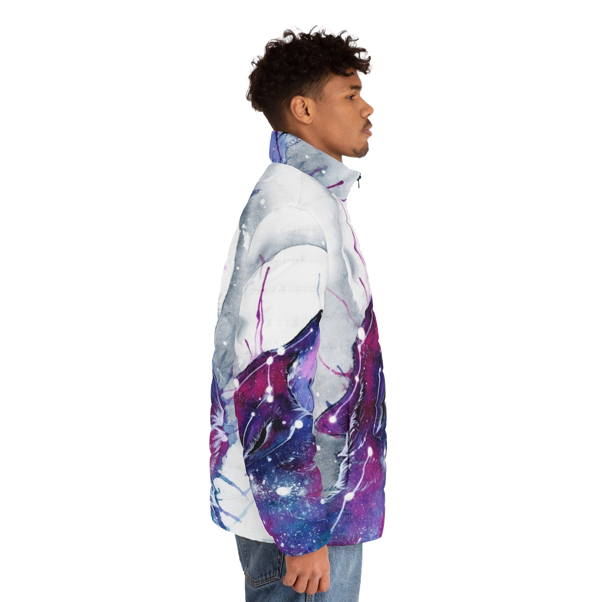 A galaxy-inspired puffer jacket with a wolf design, perfect for cosmic and celestial adventures. - men side right