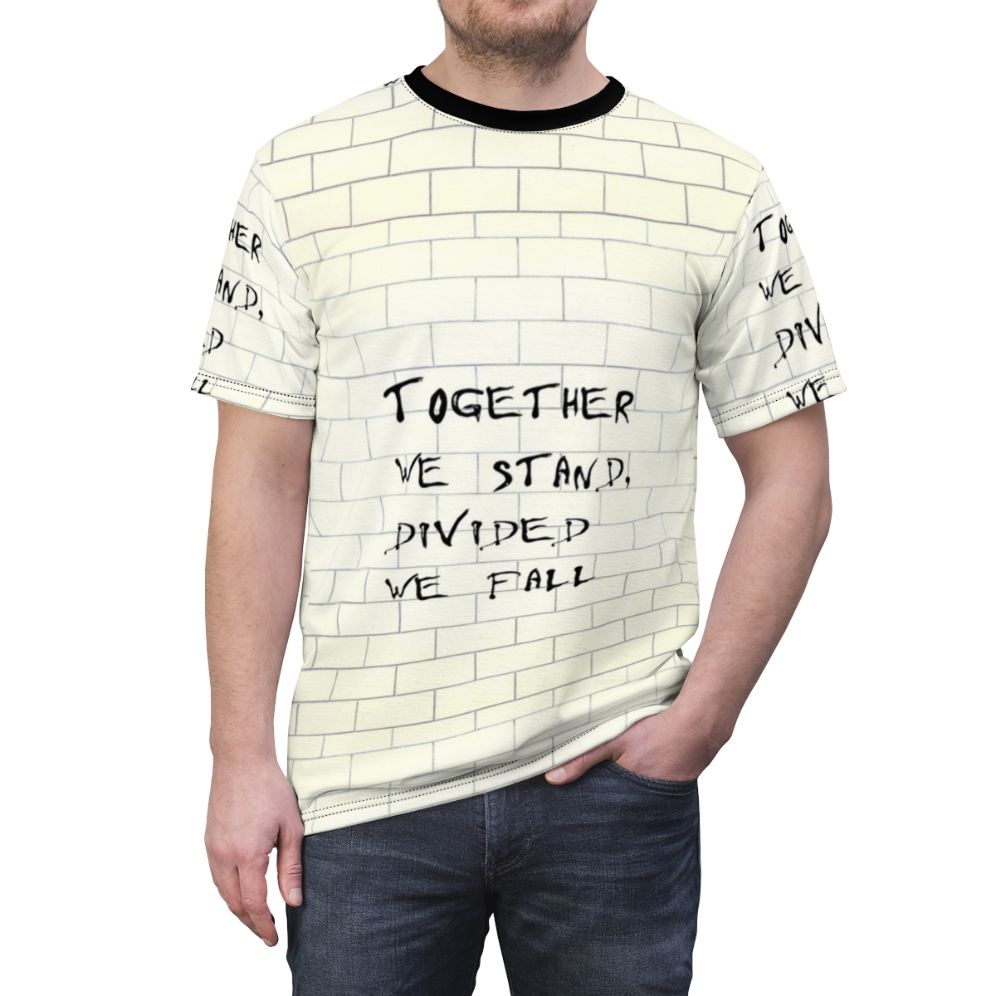 Iconic Pink Floyd inspired t-shirt featuring the famous "Together We Stand, Divided We Fall" message - men front