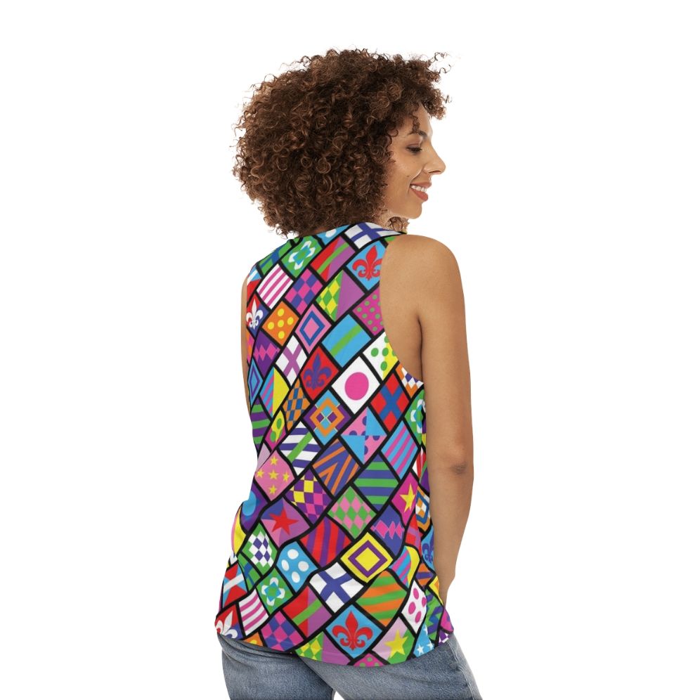 Colorful horse racing unisex tank top with jockey silks design - women back