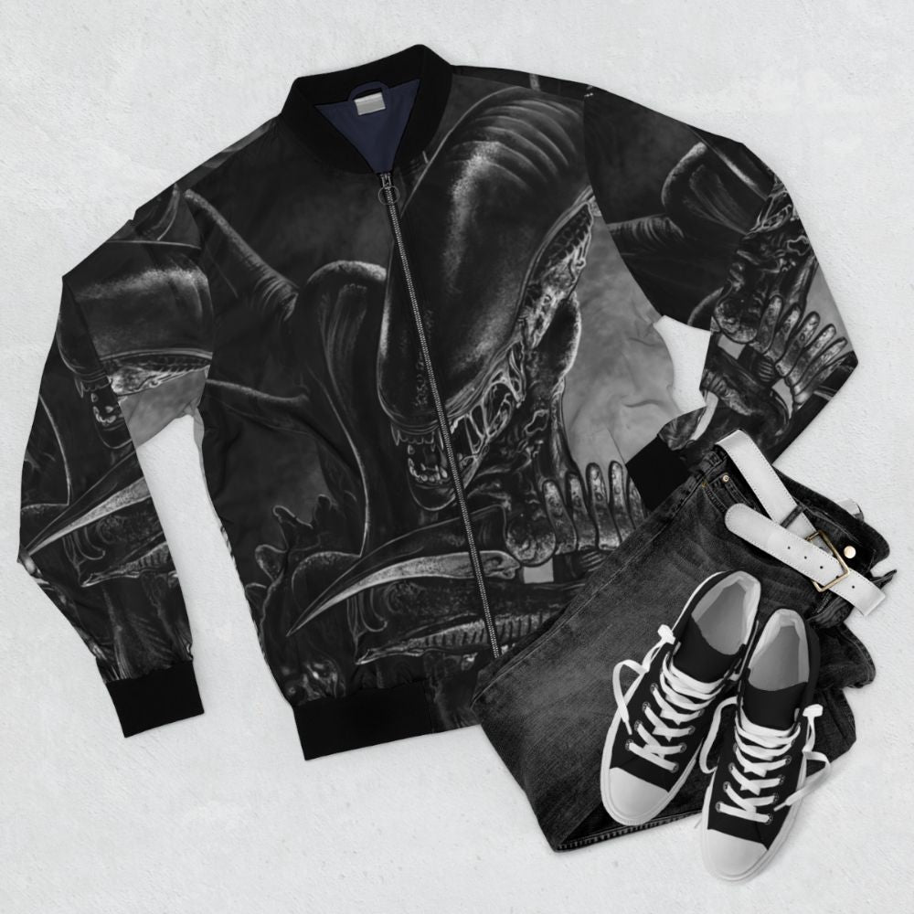 Handdrawn art of a xenomorph alien on a bomber jacket - Flat lay