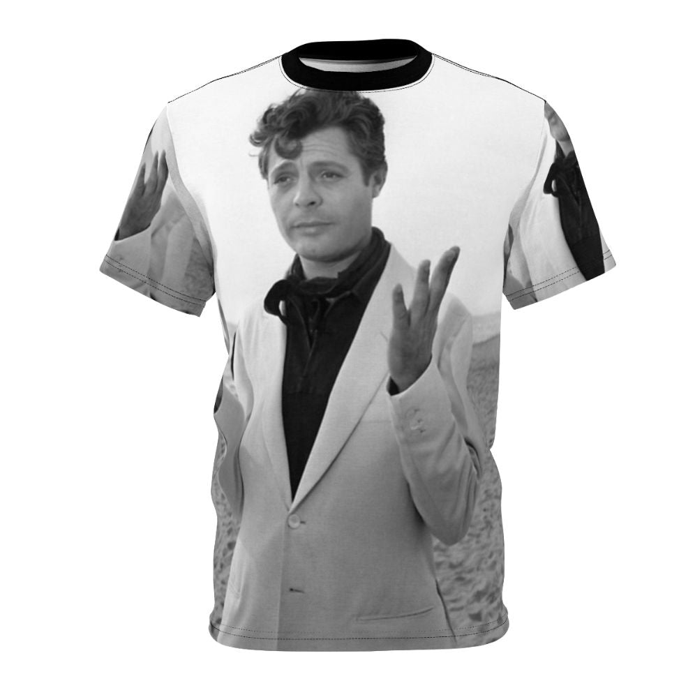 Vintage-style T-shirt featuring an illustration of iconic Italian actor Marcello Mastroianni from classic 1960s films.