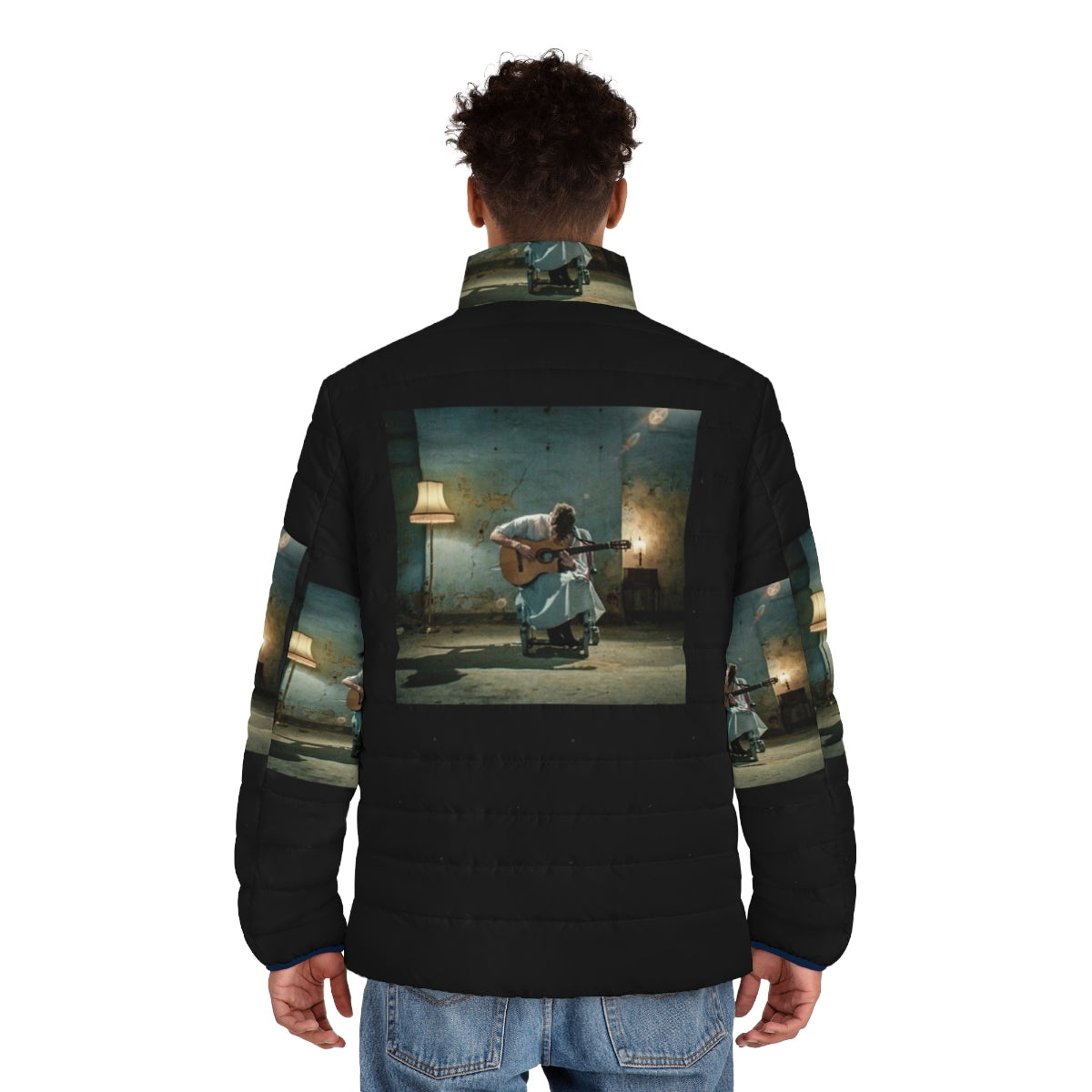 A person wearing a stylish puffer jacket with a music-inspired aesthetic - men back