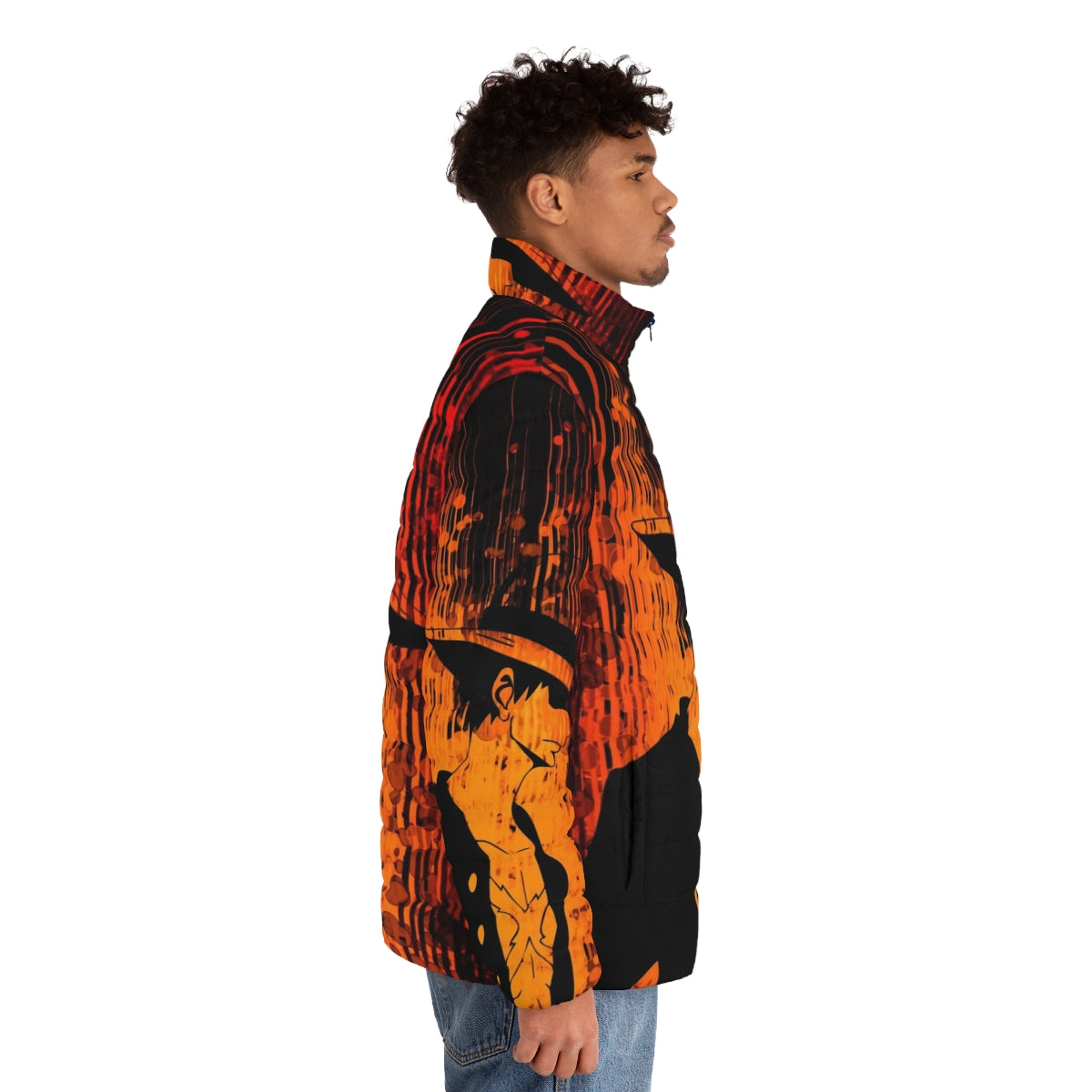 Gum Gum Dark Side Anime Puffer Jacket featuring a demon design for manga and anime enthusiasts - men side right