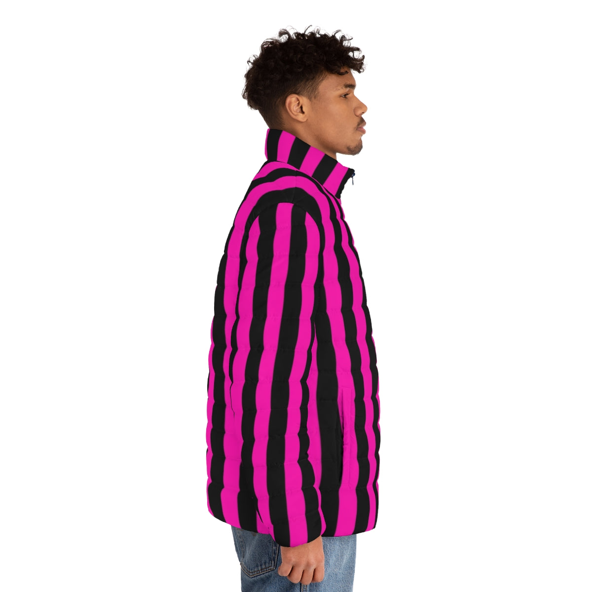 Hot pink and black striped puffer jacket - men side right