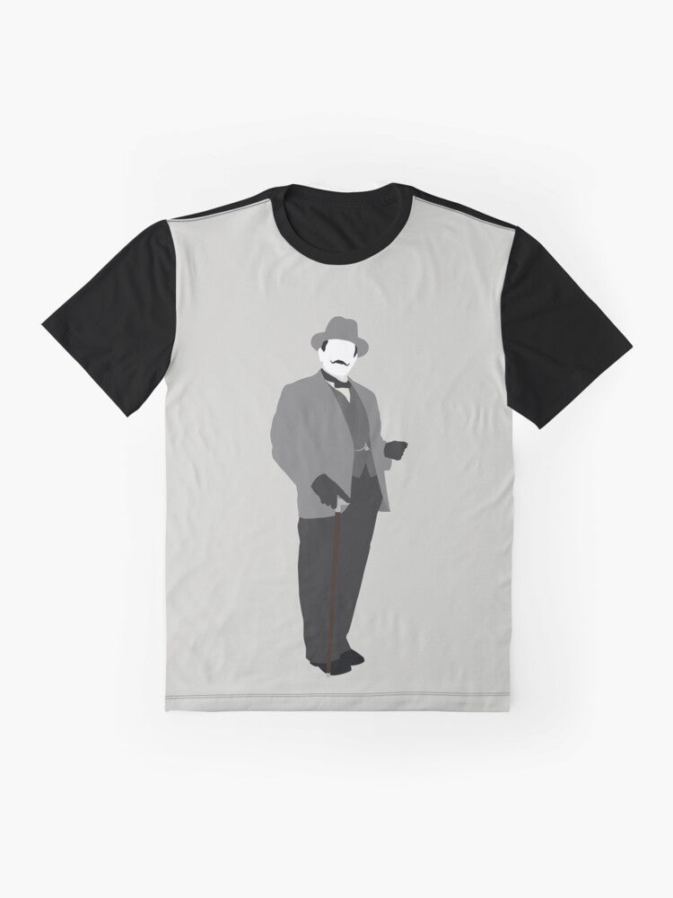 Graphic t-shirt featuring the iconic detective Hercule Poirot from the crime thriller genre - Flat lay