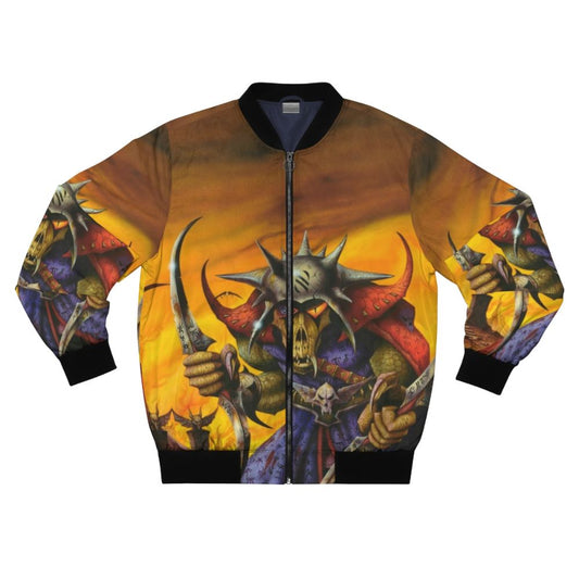 Heavy metal fantasy bomber jacket with Rodney Matthews album cover inspired design