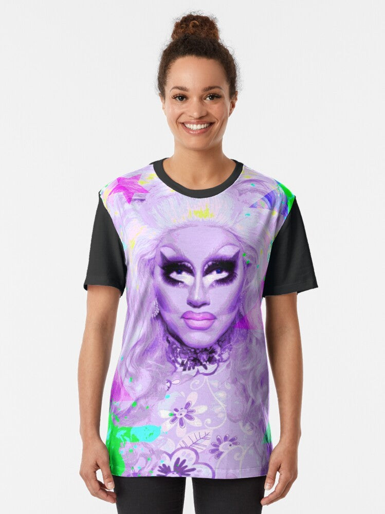 Trixie Mattel, a drag queen icon, featured on a colorful graphic t-shirt design - Women