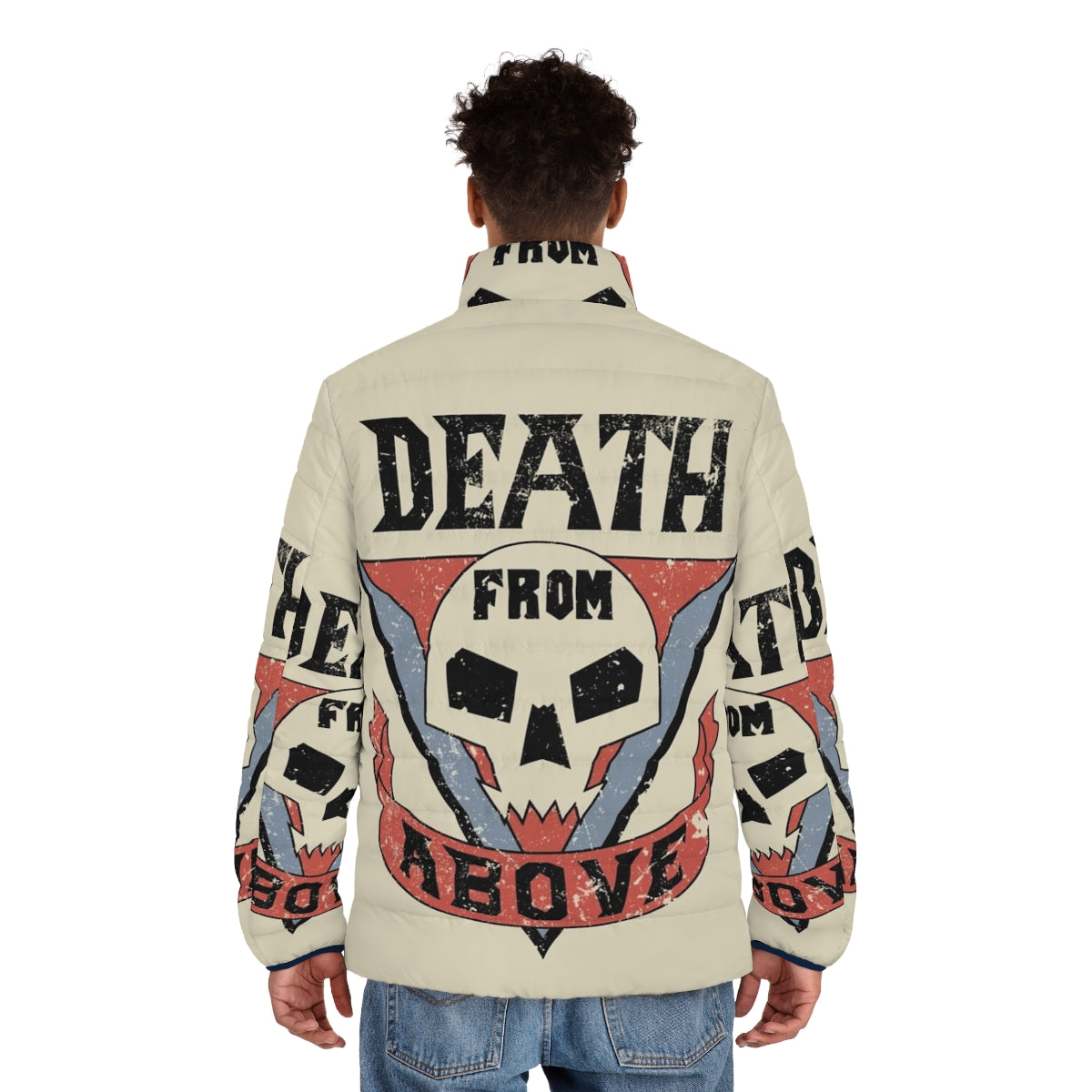 Starship Troopers inspired puffer jacket with "Death From Above" graphic - men back