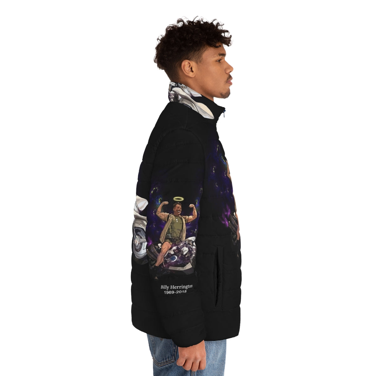 Rest in Peace Aniki puffer jacket featuring Japanese bodybuilding and wrestling meme culture - men side right