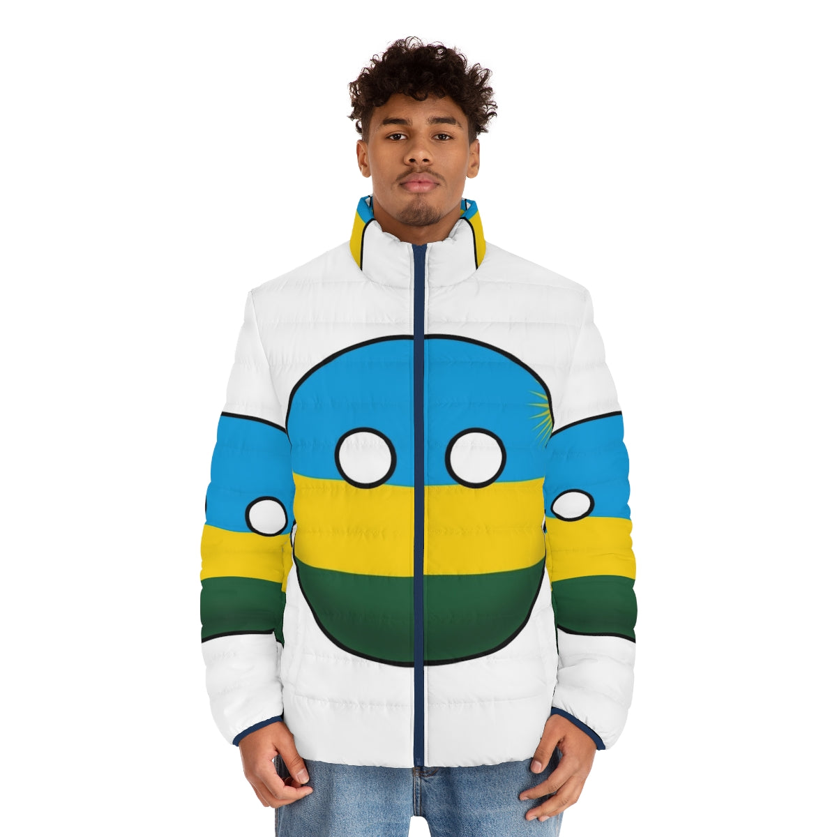 Rwanda Countryball Puffer Jacket featuring the vibrant flag and national symbols - men front