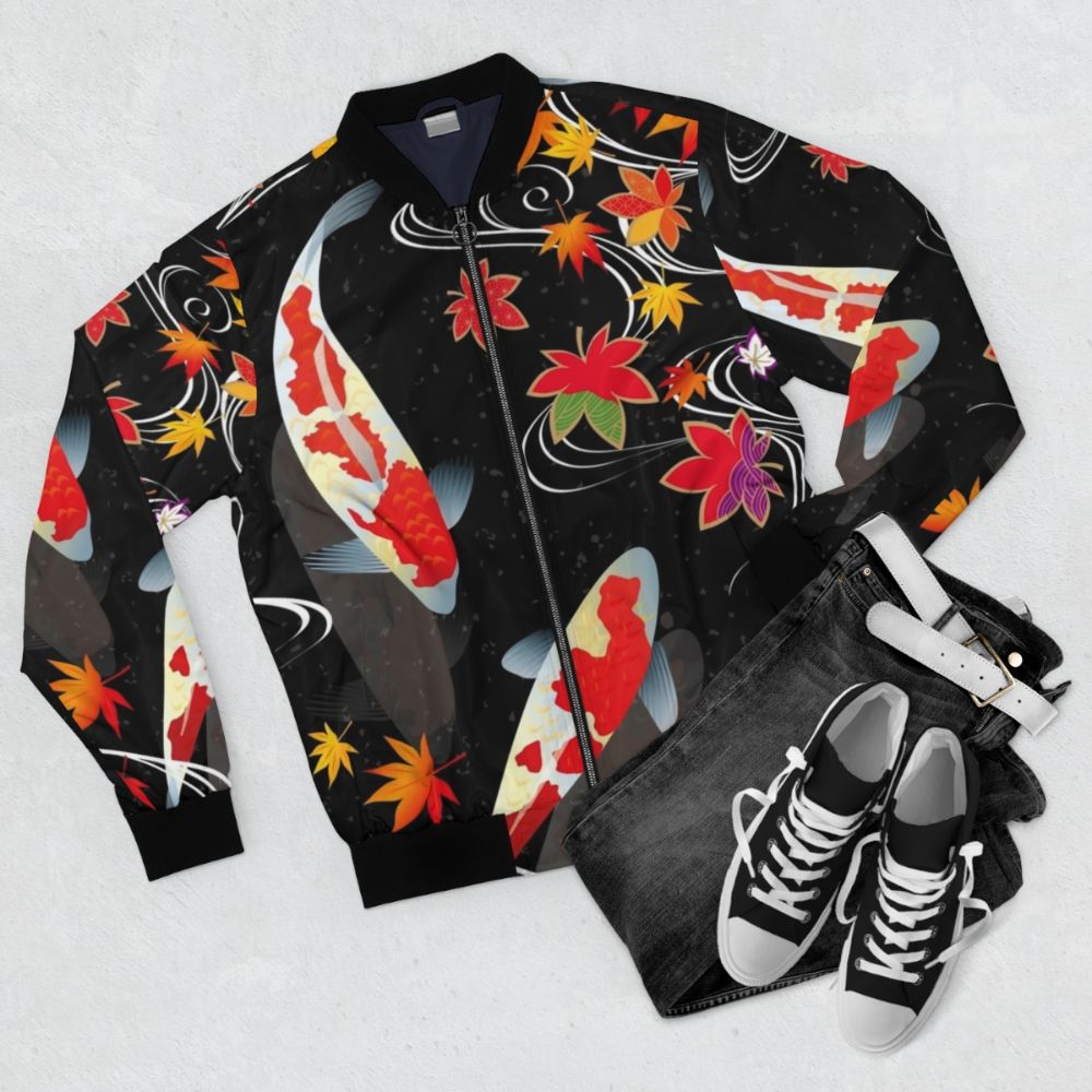 A stylish bomber jacket featuring a vibrant Japanese koi carp design - Flat lay