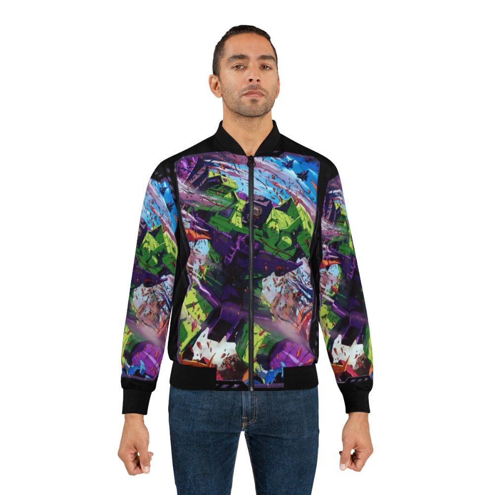 Transformers Devastator Bomber Jacket with Optimus Prime, Megatron, and Autobots/Decepticons graphics - Lifestyle