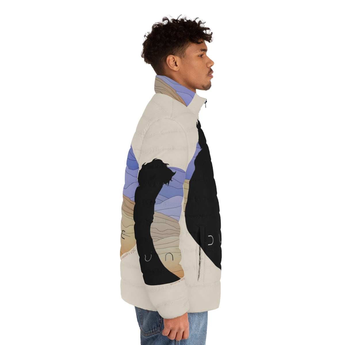 Dune-inspired puffer jacket featuring the iconic Paul Atreides character - men side right