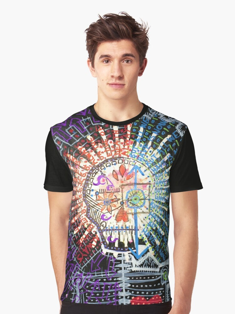 Surreal abstract art graphic t-shirt with the words "Always On The Edge Of Death, But All We Have Is Now" - Men