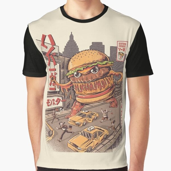 Retro-style BurgerZilla graphic t-shirt with anime and kaiju-inspired burger design