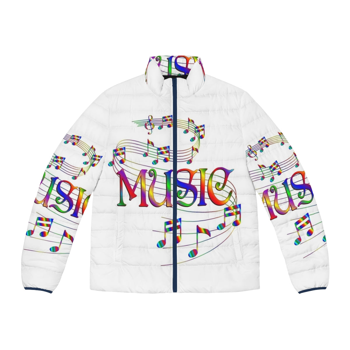 Flowing music notes puffer jacket with a stylish and cozy design for music lovers.