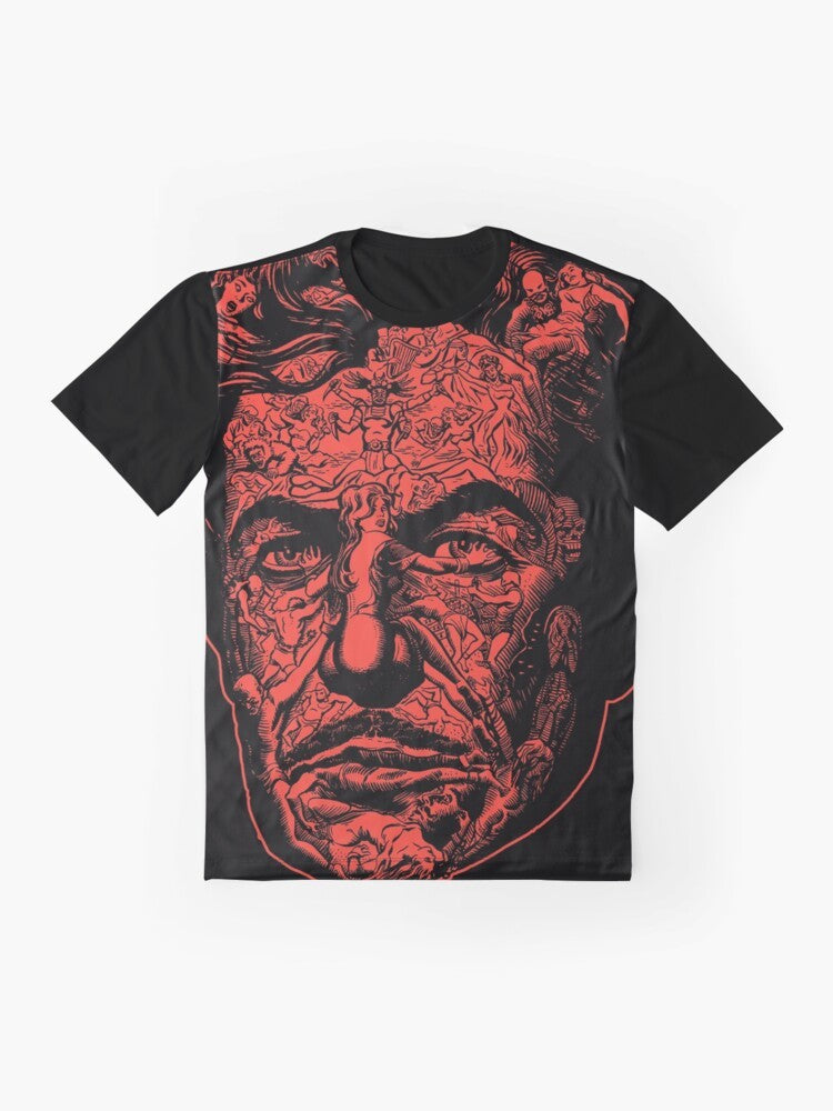 A red graphic t-shirt featuring "The Red Death" design, inspired by the classic horror story and Vincent Price's character. - Flat lay