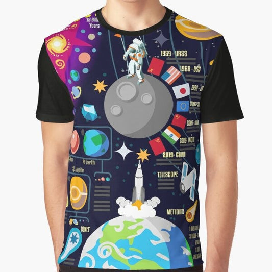 Space infographic design featuring the Big Bang, planets, and cosmic elements on a graphic t-shirt.