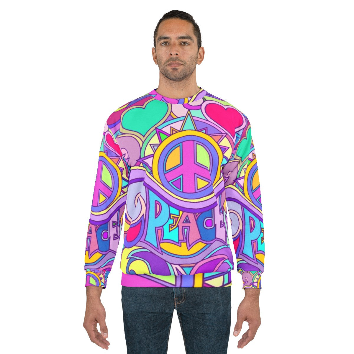 Retro psychedelic peace hippie sweatshirt with colorful abstract 60s/70s graphic - men