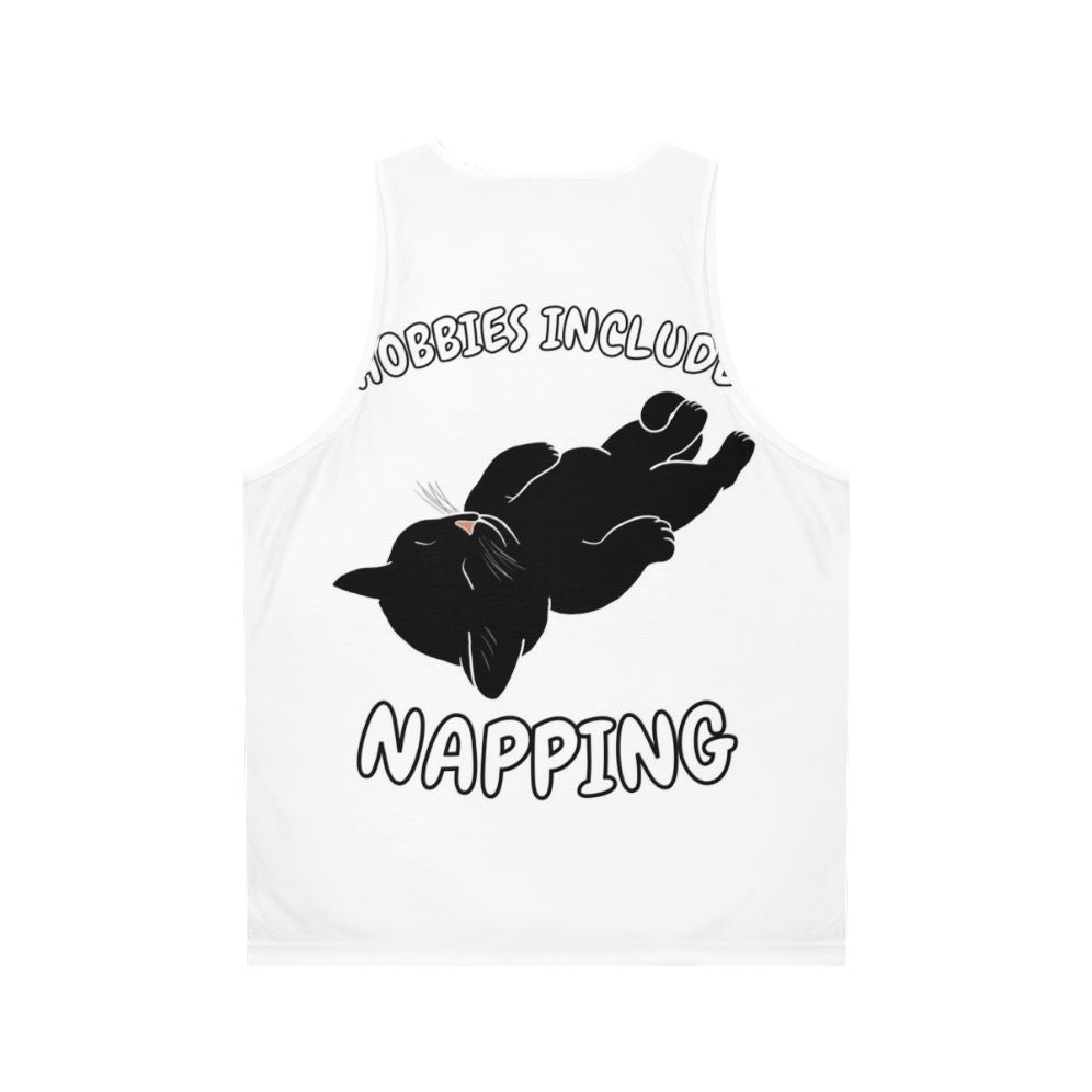 Unisex tank top with a black cat napping graphic - Back