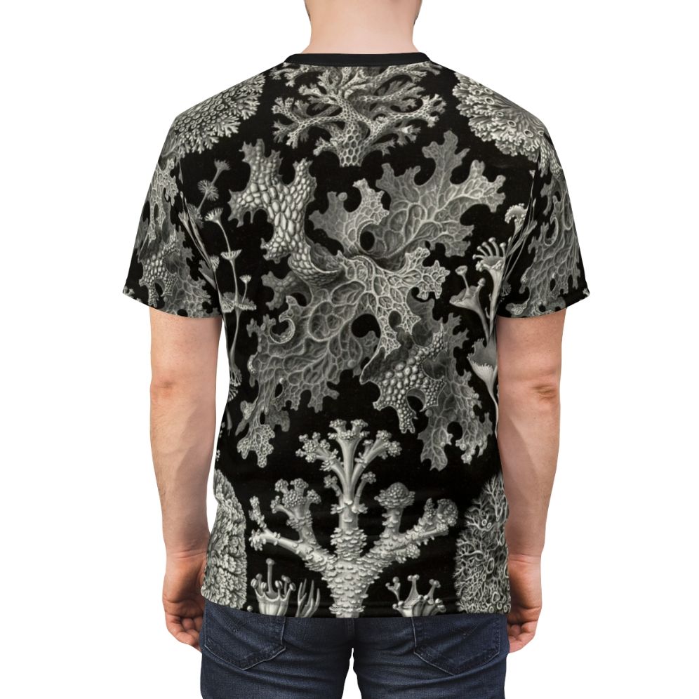 Vintage t-shirt design featuring a collage of lichenes illustrations by Ernst Haeckel, a renowned 19th-century German biologist and artist. - men back