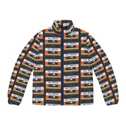 A puffer jacket featuring vintage music design, including tape, vinyl, and speaker icons, perfect for music lovers.