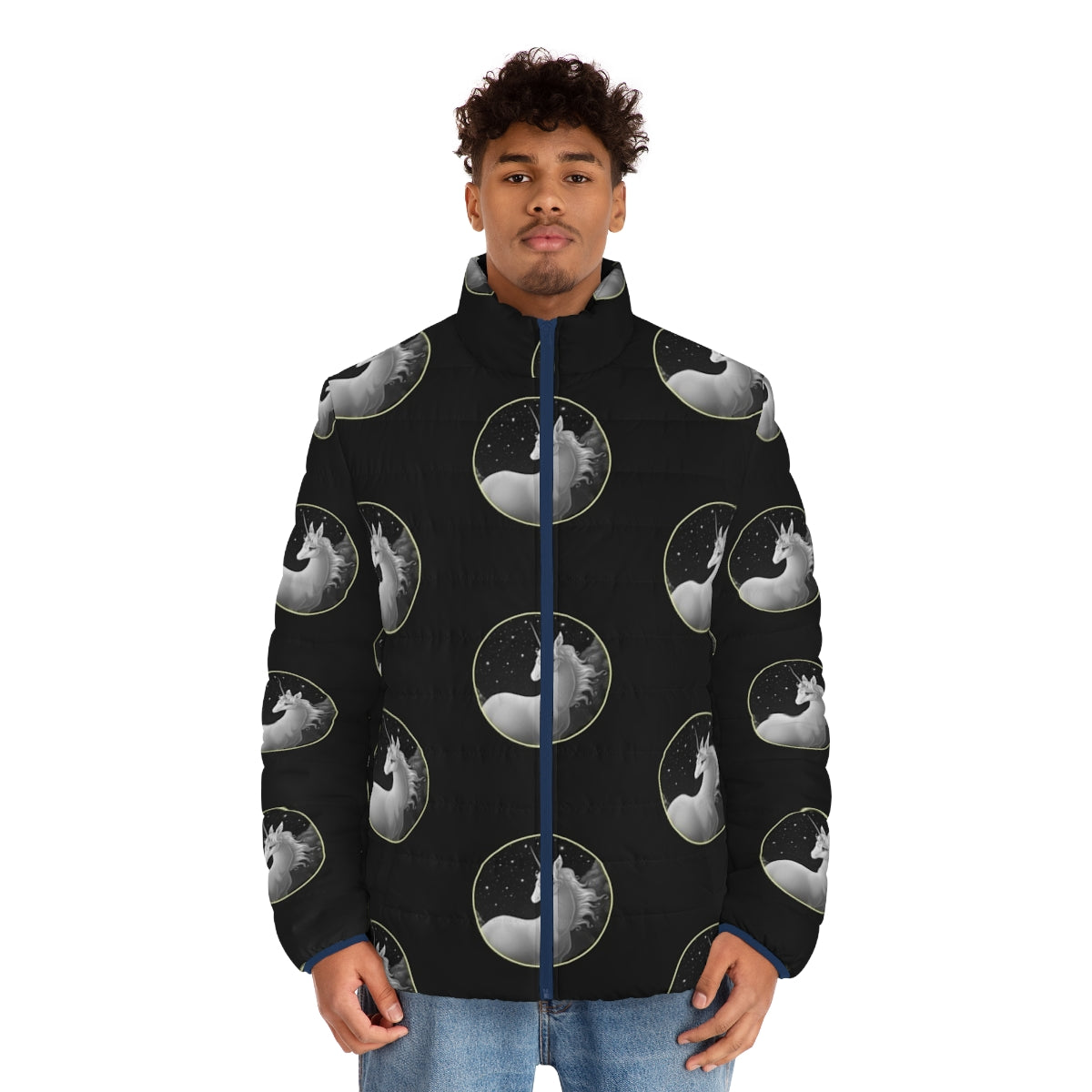 The Last Unicorn Illustration Puffer Jacket featuring a whimsical unicorn design - men front