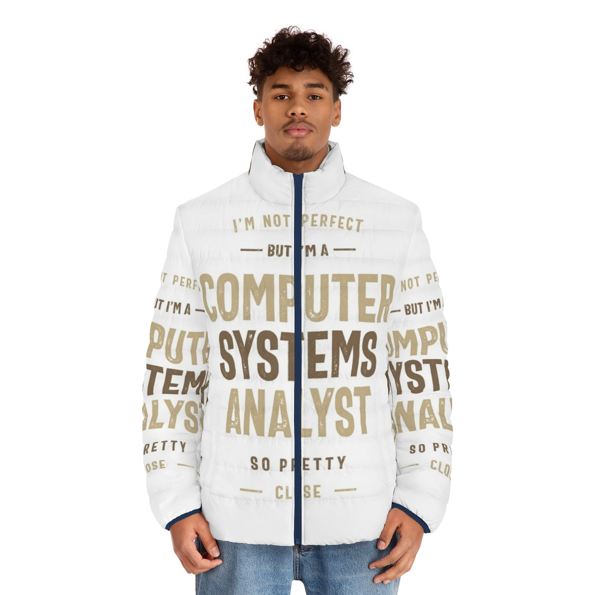 Computer Systems Analyst wearing a stylish puffer jacket for tech jobs - men front