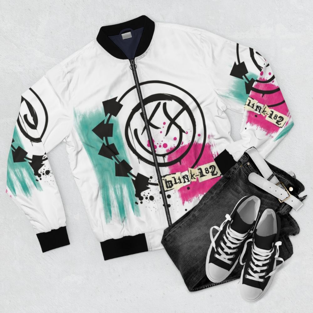 Blink-182 inspired bomber jacket featuring the band's logo and name - Flat lay