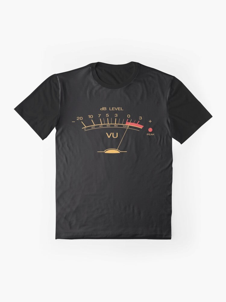 Vintage-style graphic t-shirt featuring a volume VU meter and text "Audio Engineer Recording Studio Gear Head Musician Guitar" - Flat lay