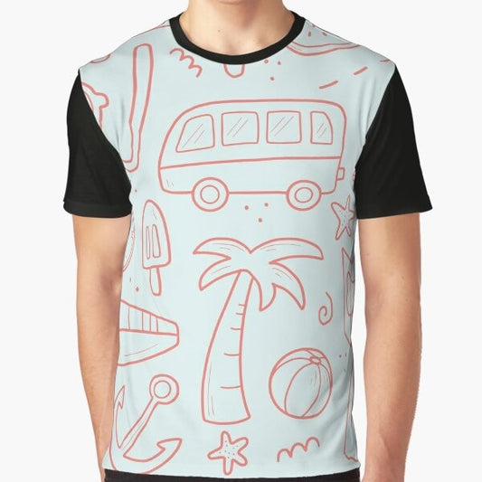 Explorer Summer Graphic T-Shirt featuring palm trees, sun, compass, and travel icons