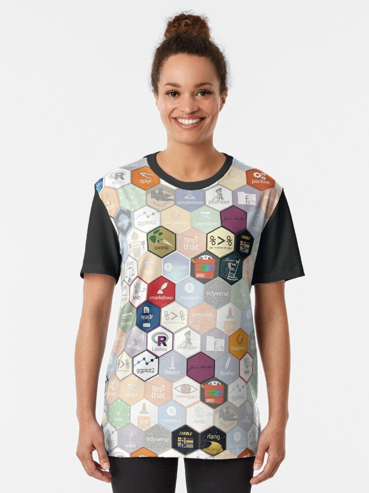 R-Statistics graphic t-shirt featuring small hexagons, ideal for data scientists and R programmers - Women