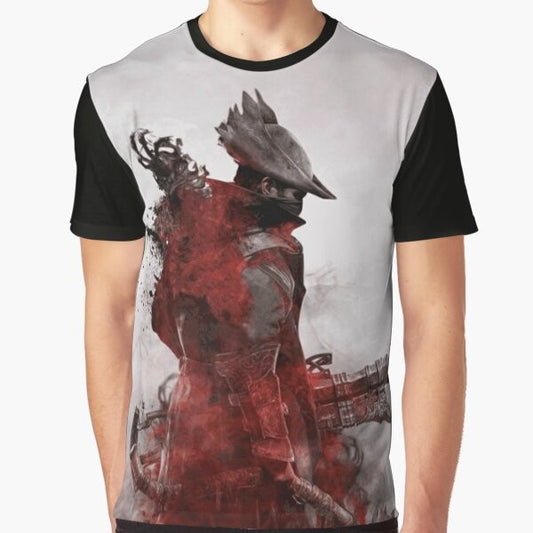 A high-quality, vector-based graphic t-shirt featuring the Bloodborne video game logo and imagery.