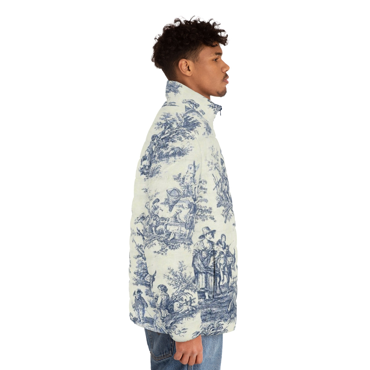 Powder blue puffer jacket with vintage French toile and floral designs - men side right