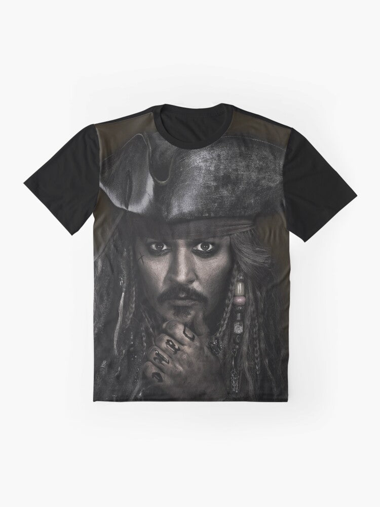 A graphic t-shirt featuring Captain Jack Sparrow, played by actor Johnny Depp, from the Pirates of the Caribbean movies. - Flat lay