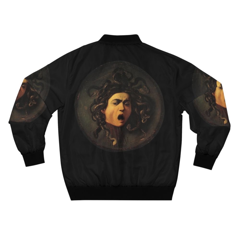 A bomber jacket featuring the iconic image of Medusa, the gorgon from Greek mythology, in a Caravaggio-style realist painting. - Back