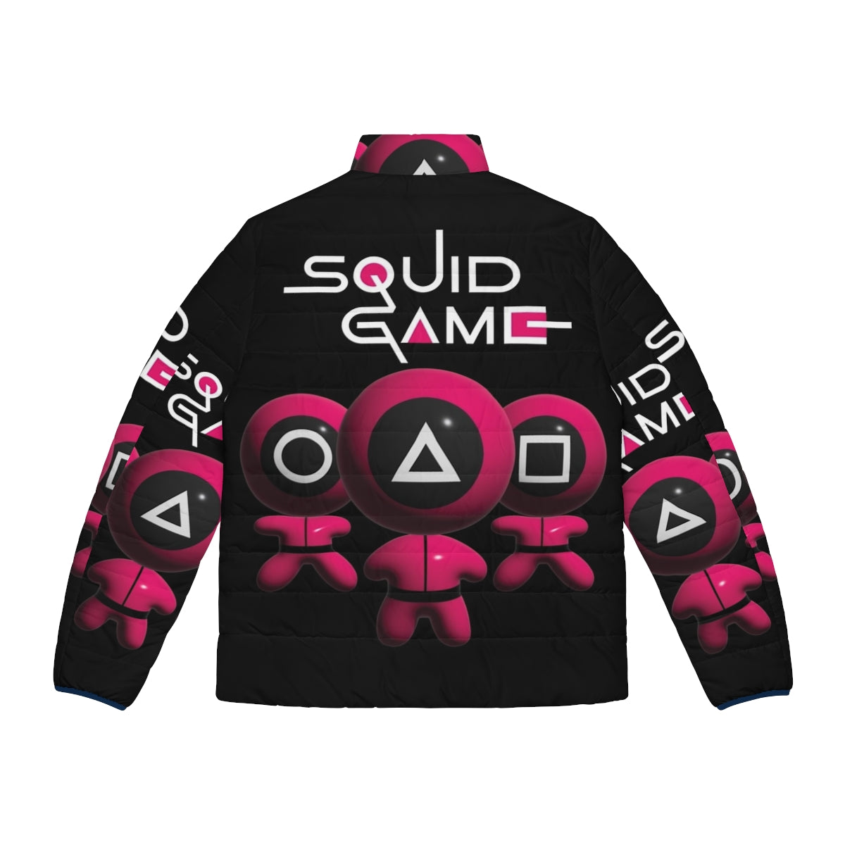 Squid Game fan art puffer jacket with various character symbols and graphics - Back