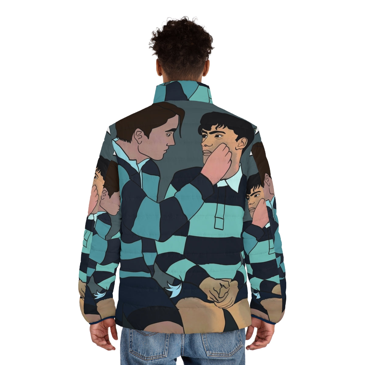 Nick and Charlie from the Netflix series Heartstopper wearing a puffer jacket - men back