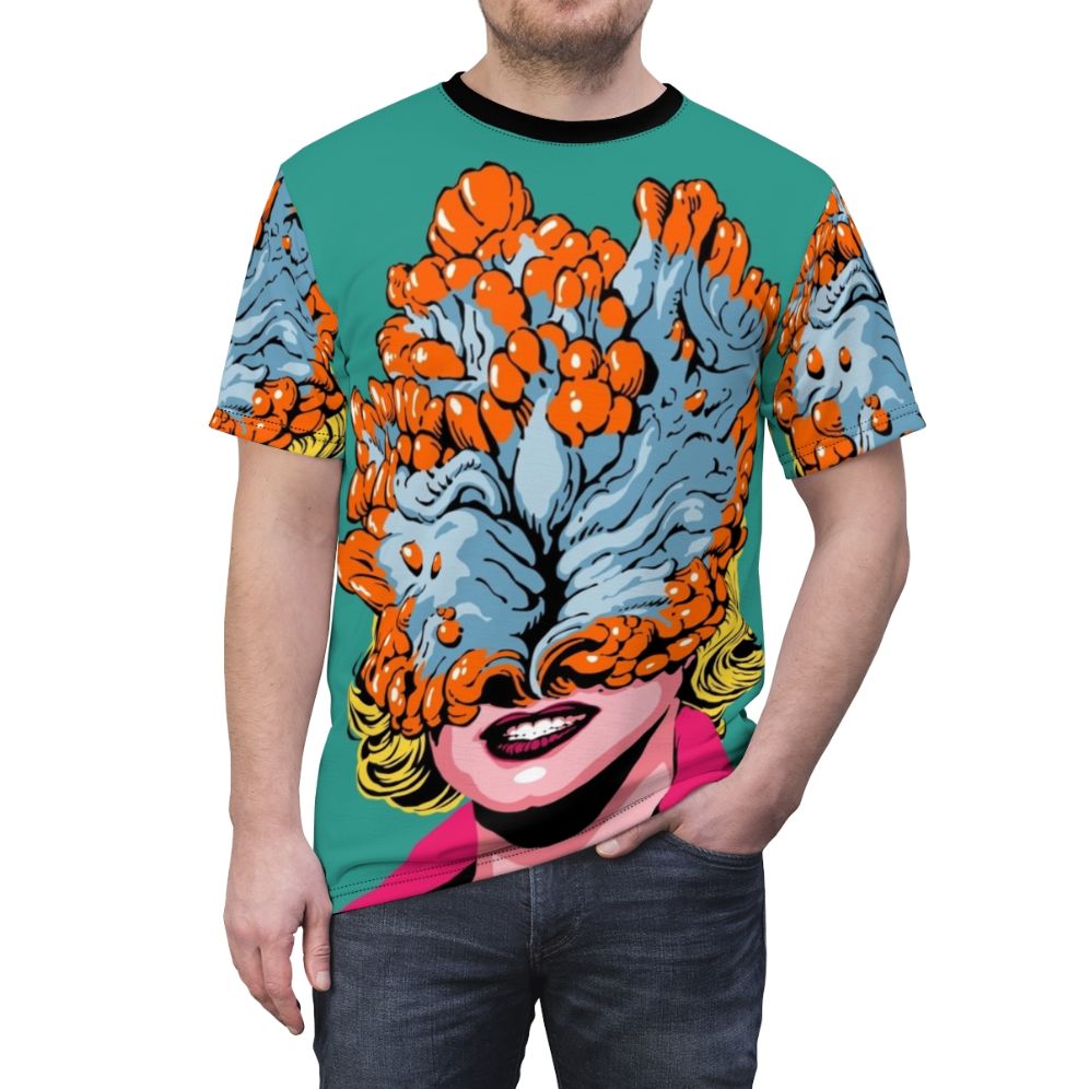 Pop art inspired t-shirt featuring a detailed fungal design, perfect for fans of horror, zombie, and fungi art - men front