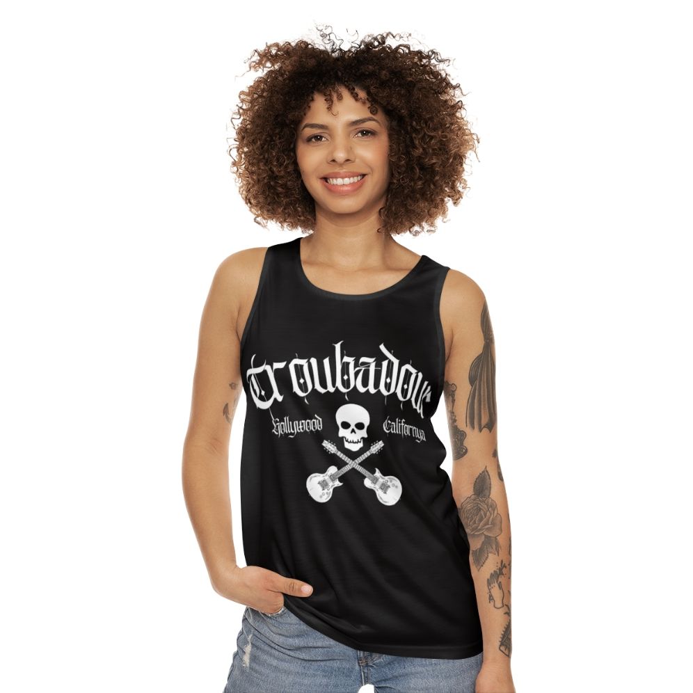 Unisex Troubadour rock band tank top with skull art design - women