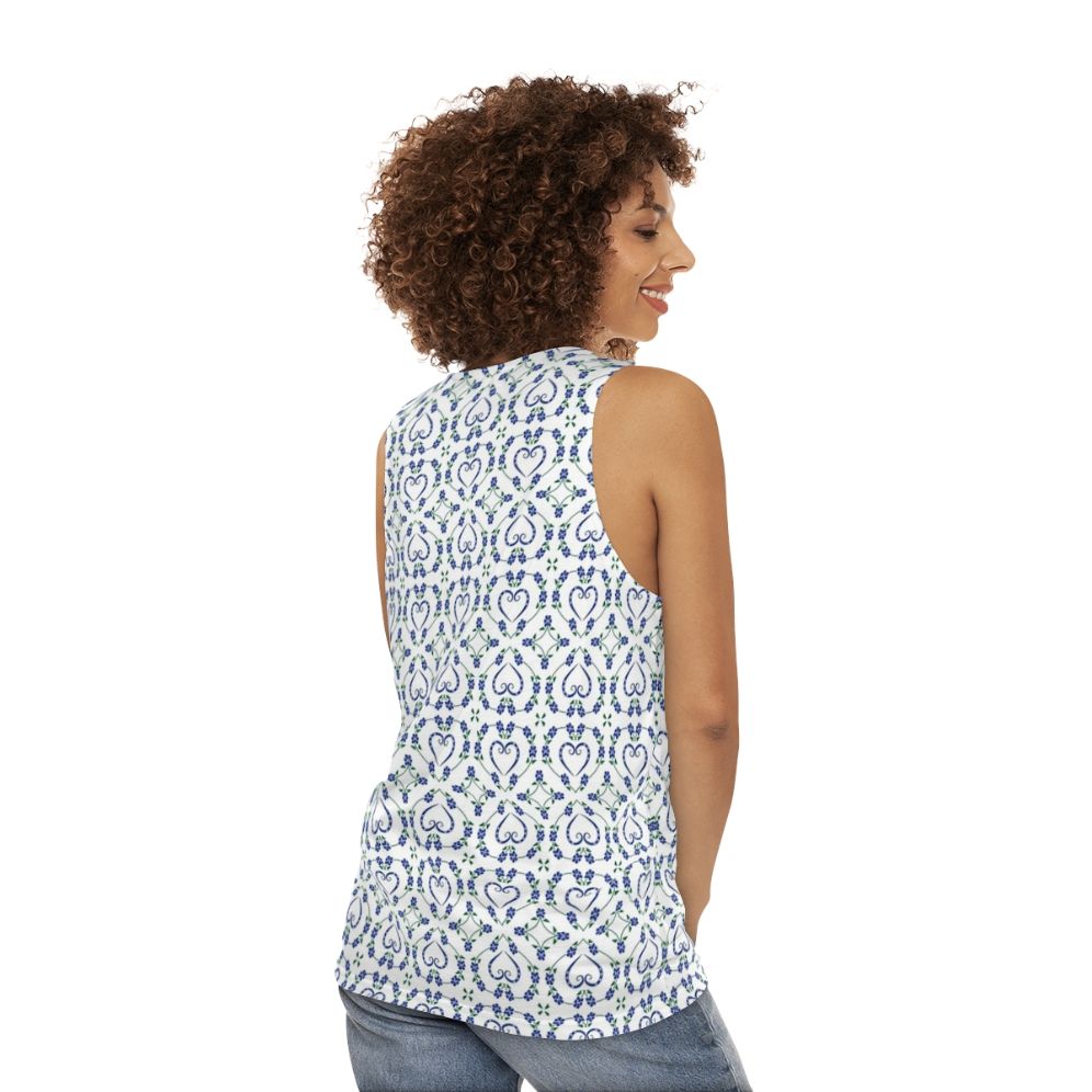 Blue unisex tank top with paw print and heart-shaped floral pattern - women back