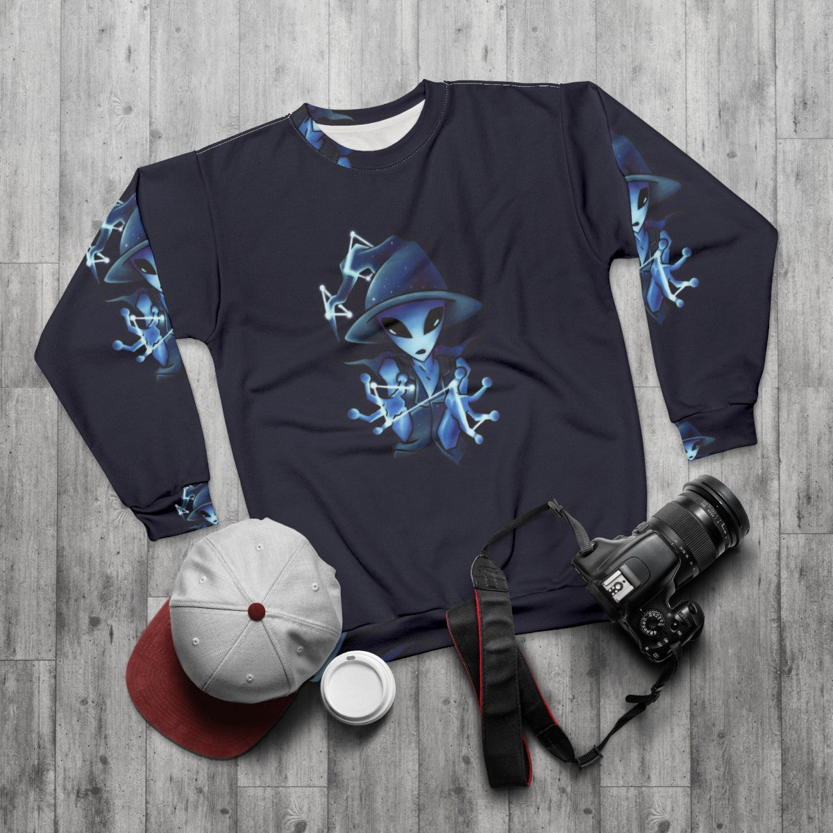 Galaxy Witch Alien Sweatshirt with Cosmic Celestial Design - flat lay